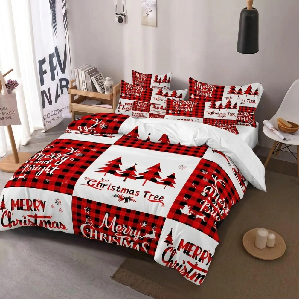 NOVINKA 2026 ! Sada vánočního bavlněného povlečení s 3D efektem pro 2 postele 140x200/70x90 cm – VÁNOCE / MERRY CHRISTMAS - VÁNOČNÍ LES - ČERVENO - BÍLÝ + PROSTĚRADLO ZDARMA !