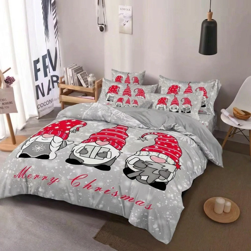 NOVINKA 2026 ! Sada vánočního bavlněného povlečení s 3D efektem pro 2 postele 140x200/70x90 cm – VÁNOCE / MERRY CHRISTMAS - TŘI SKŘÍTCI - ŠEDÉ + PROSTĚRADLO ZDARMA !