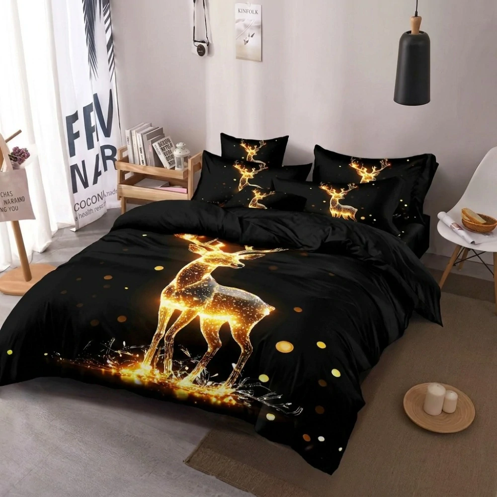 NOVINKA 2026 ! Sada vánočního bavlněného povlečení s 3D efektem pro 2 postele 140x200/70x90 cm – VÁNOCE / MERRY CHRISTMAS - ZLATÝ SOBÍK + PROSTĚRADLO ZDARMA !