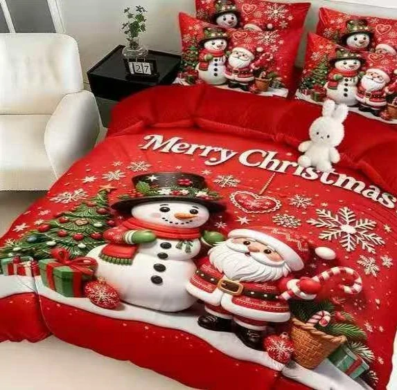 NOVINKA 2026! Sada BAVLNĚNÉHO POVLEČENÍ s 3D efektem 100% BAVLNA – VÁNOCE MERRY CHRISTMAS 140×200/70×90 cm – SNĚHULÁČEK SE SANTOU + PROSTĚRADLO ZDARMA!