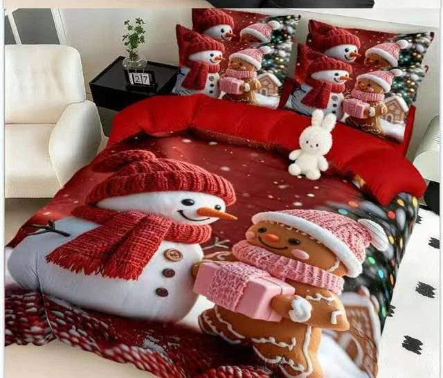 NOVINKA 2026! Sada BAVLNĚNÉHO POVLEČENÍ s 3D efektem 100% BAVLNA – VÁNOCE MERRY CHRISTMAS 140×200/70×90 cm – SNĚHULÁČEK S PERNÍKOVÝM PANÁČKEM + PROSTĚRADLO ZDARMA!