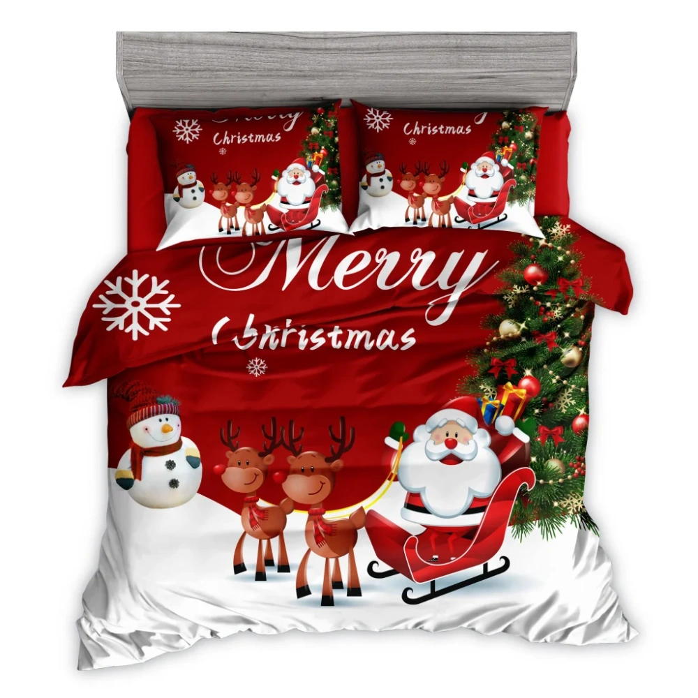 NOVINKA 2026 - Sada vianočných bavlnených obliečok s 3D efektom pre 2 postele 140x200/70x90 cm - VIANOCE / MERRY CHRISTMAS - SANTA NA SÁNKACH + PROSTIERADLO ZADARMO -