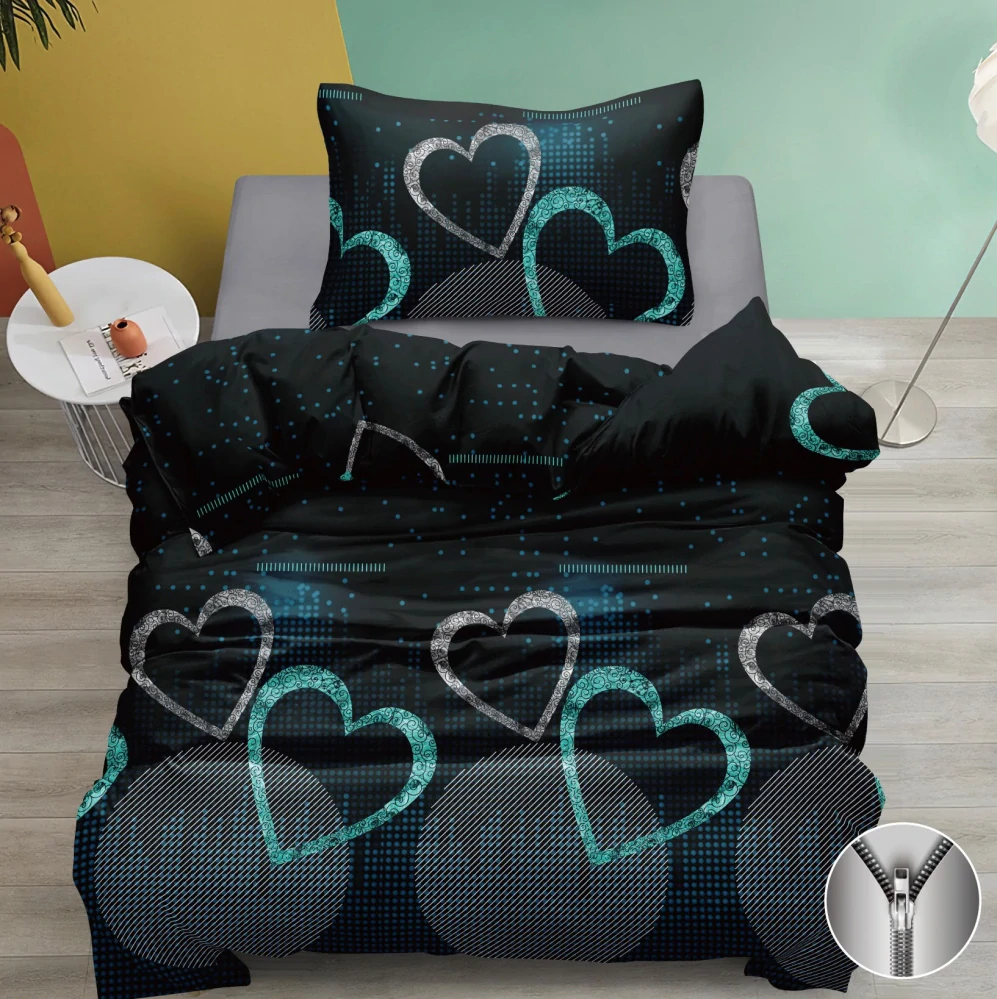 CENOVÝ TRHÁK ! Exkluzivní oboustranné Bavlněné povlečení s 3D efektem 140x200/70x90 cm - HEARTS IN THE NIGHT – TYRKYS