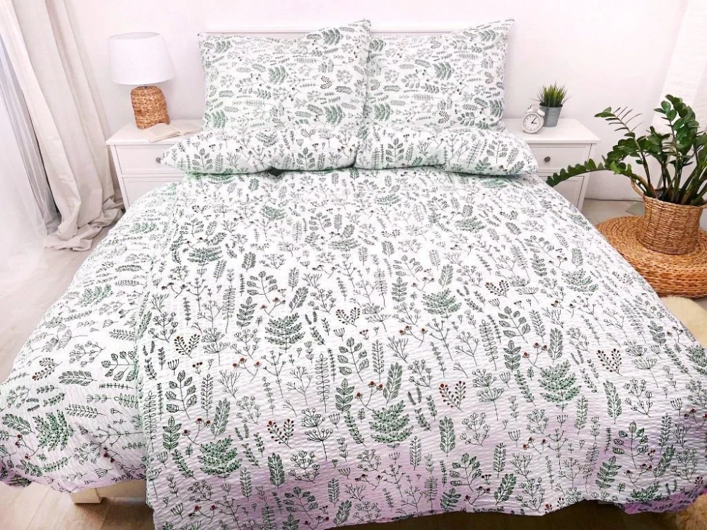 LUXUSNÉ predĺžené OBOJSTRANNÉ KREPOVÉ OBLIEČKY 140x220/70x90 - HERBÁR - ZELENÝ