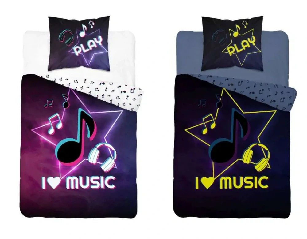 Svítící povlečení I LOVE MUSIC – oboustranné, 100% bavlna 140×200 / 70×80 cm (NOVINKA 2026)