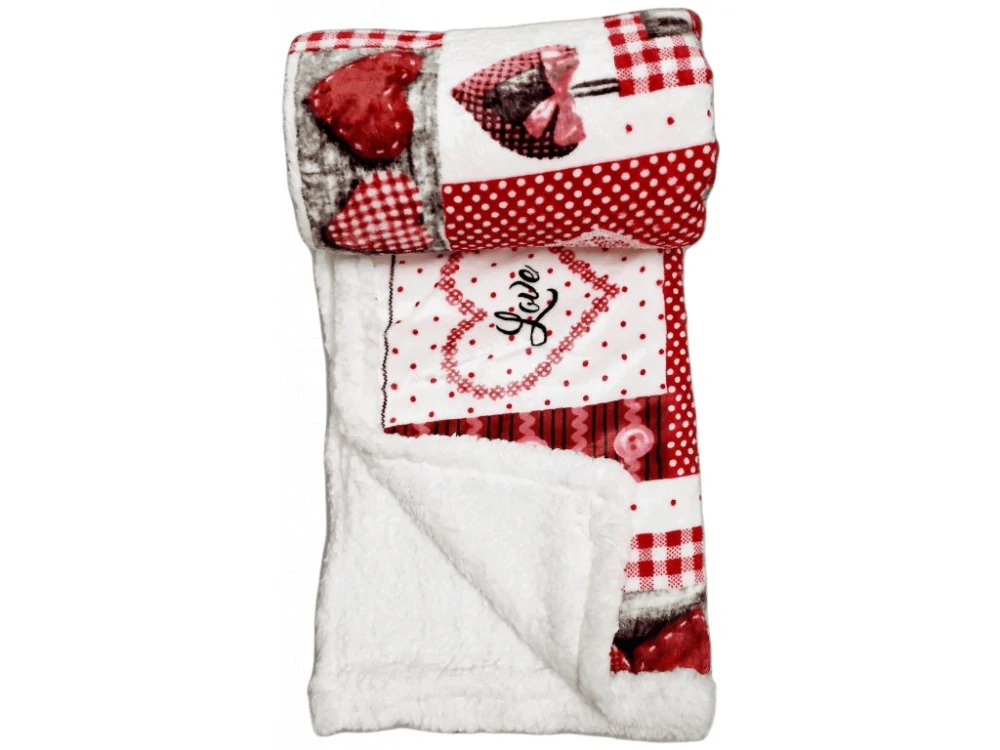 NOVINKA 2025 ! DEKA MIKROFLANEL S BERÁNKEM 150x200cm  - PATSCHWORK ČERVENÁ SRDÍČKA