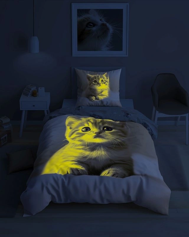 NOVINKA 2026 ! Svítící Bavlněné povlečení KOTĚ – oboustranné, 100% bavlna 140×200 / 70×80 cm