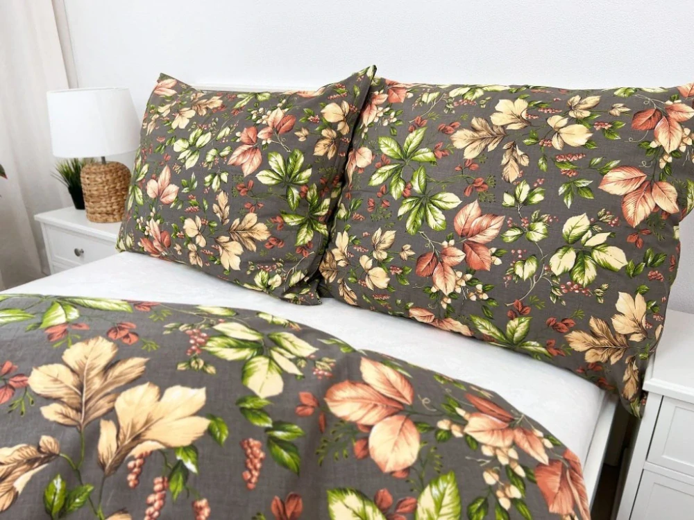 LUXUSNÉ PREDĹŽENÉ BAVLNENÉ OBLIEČKY DE LUXE 140x220/70x90cm JESEŇ ŠEDO - HNEDÝ