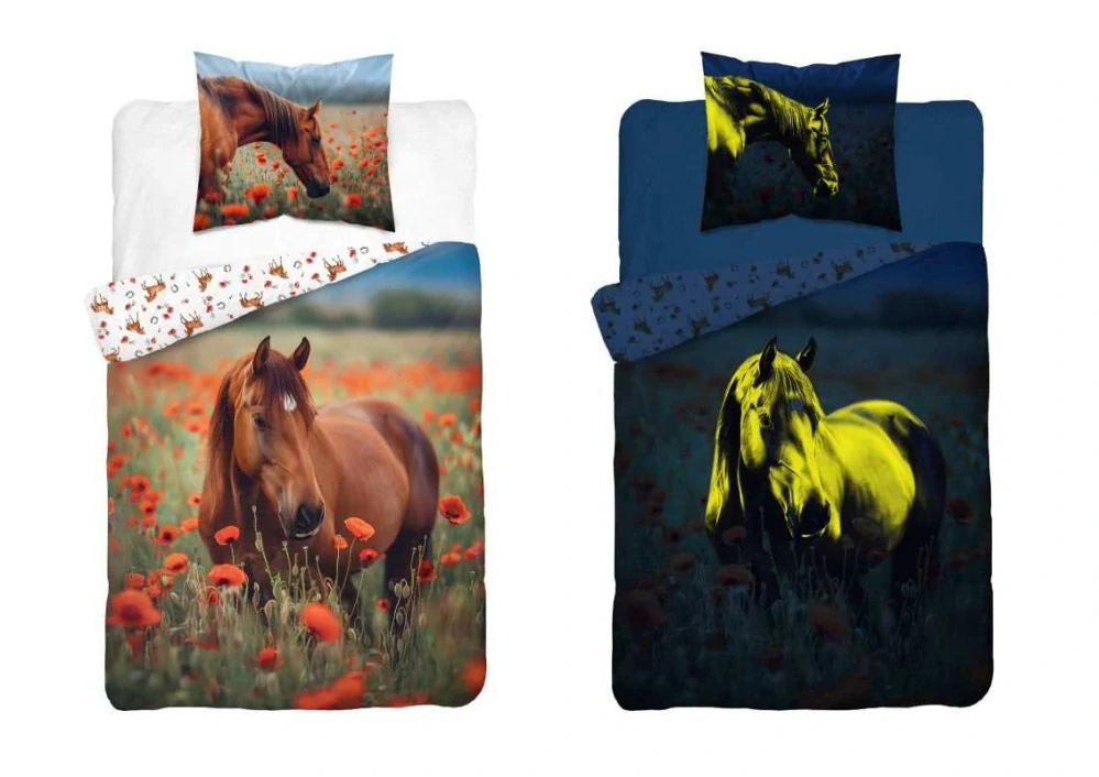 Svietiace obliečky KÔŇ - VLČIE MAKY – obojstranné, 100% bavlna 140×200 / 70×80 cm (NOVINKA 2025)